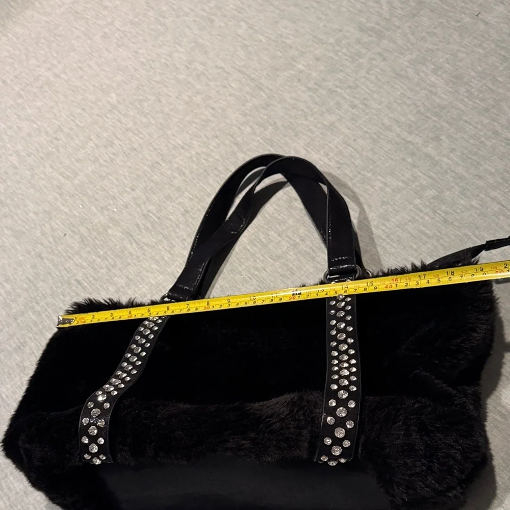 Black Faux Fur Tote Bag with Studded Straps